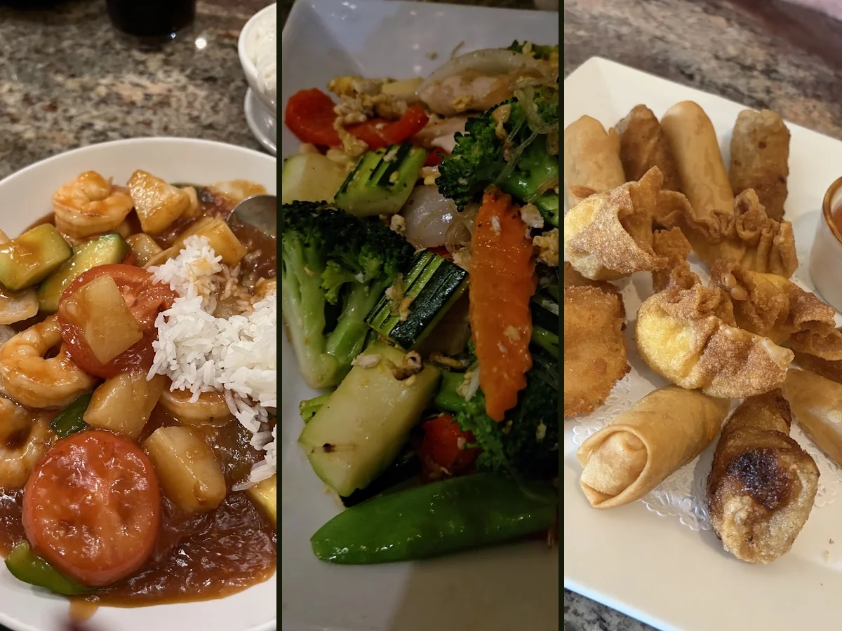 Plates of Thai curries on a table.